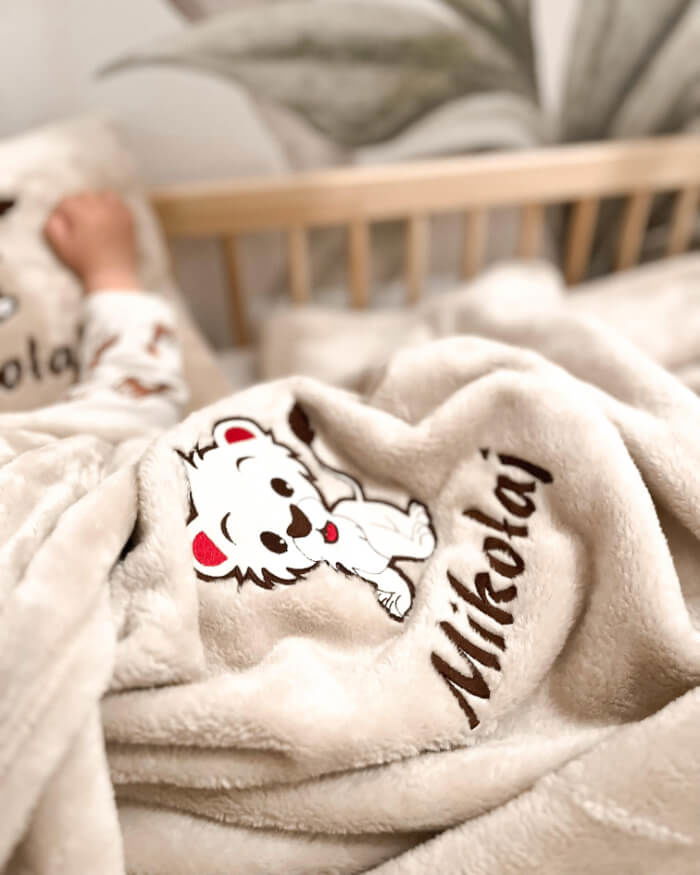 Embroidery personalized beige blanket